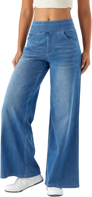 Pull On Wide Leg Jeans for Women High Waisted Stretchy Baggy Trendy Straight Leg Jeans Denim Pants Cropped Pants