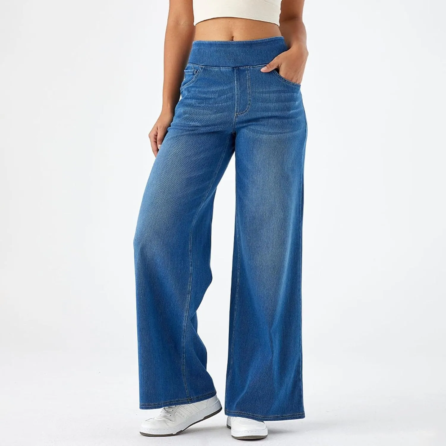 Pull On Wide Leg Jeans for Women High Waisted Stretchy Baggy Trendy Straight Leg Jeans Denim Pants Cropped Pants