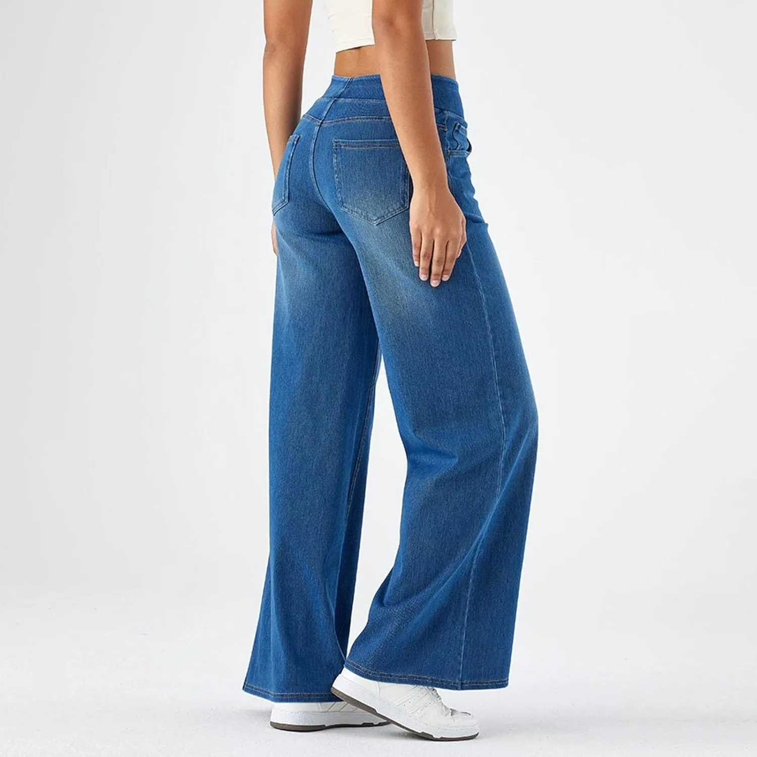 Pull On Wide Leg Jeans for Women High Waisted Stretchy Baggy Trendy Straight Leg Jeans Denim Pants Cropped Pants