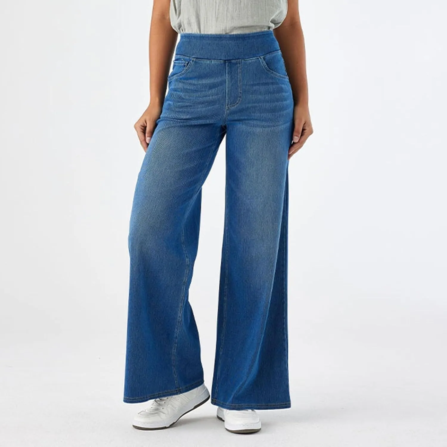 Pull On Wide Leg Jeans for Women High Waisted Stretchy Baggy Trendy Straight Leg Jeans Denim Pants Cropped Pants