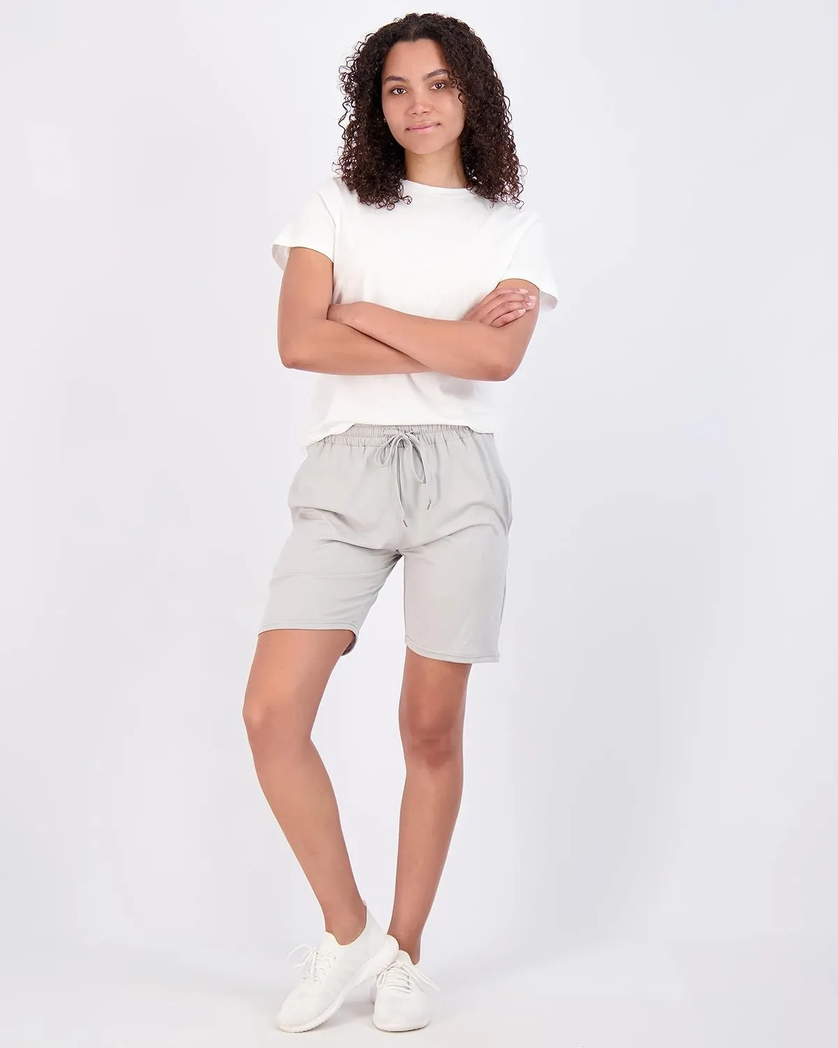Real Essentials 4 Pack: Women's 7" Bermuda Long Casual Yoga Super-Soft Loose Comfy Shorts with Pockets (Available in Plus)
