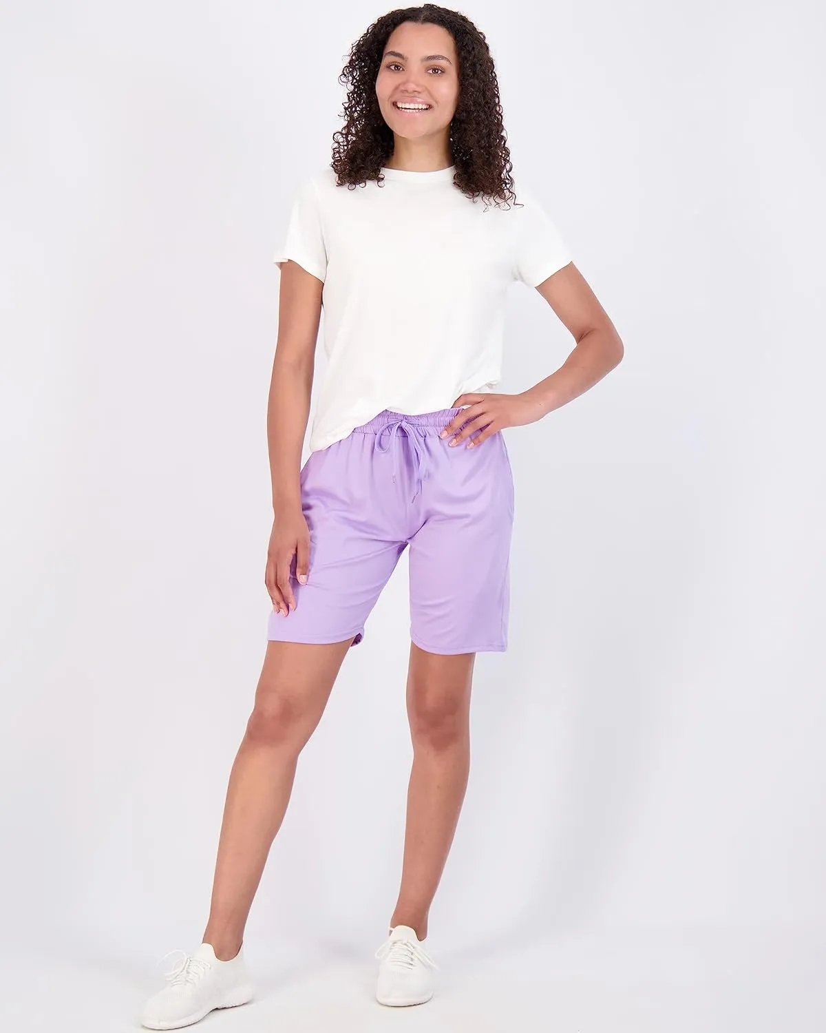 Real Essentials 4 Pack: Women's 7" Bermuda Long Casual Yoga Super-Soft Loose Comfy Shorts with Pockets (Available in Plus)