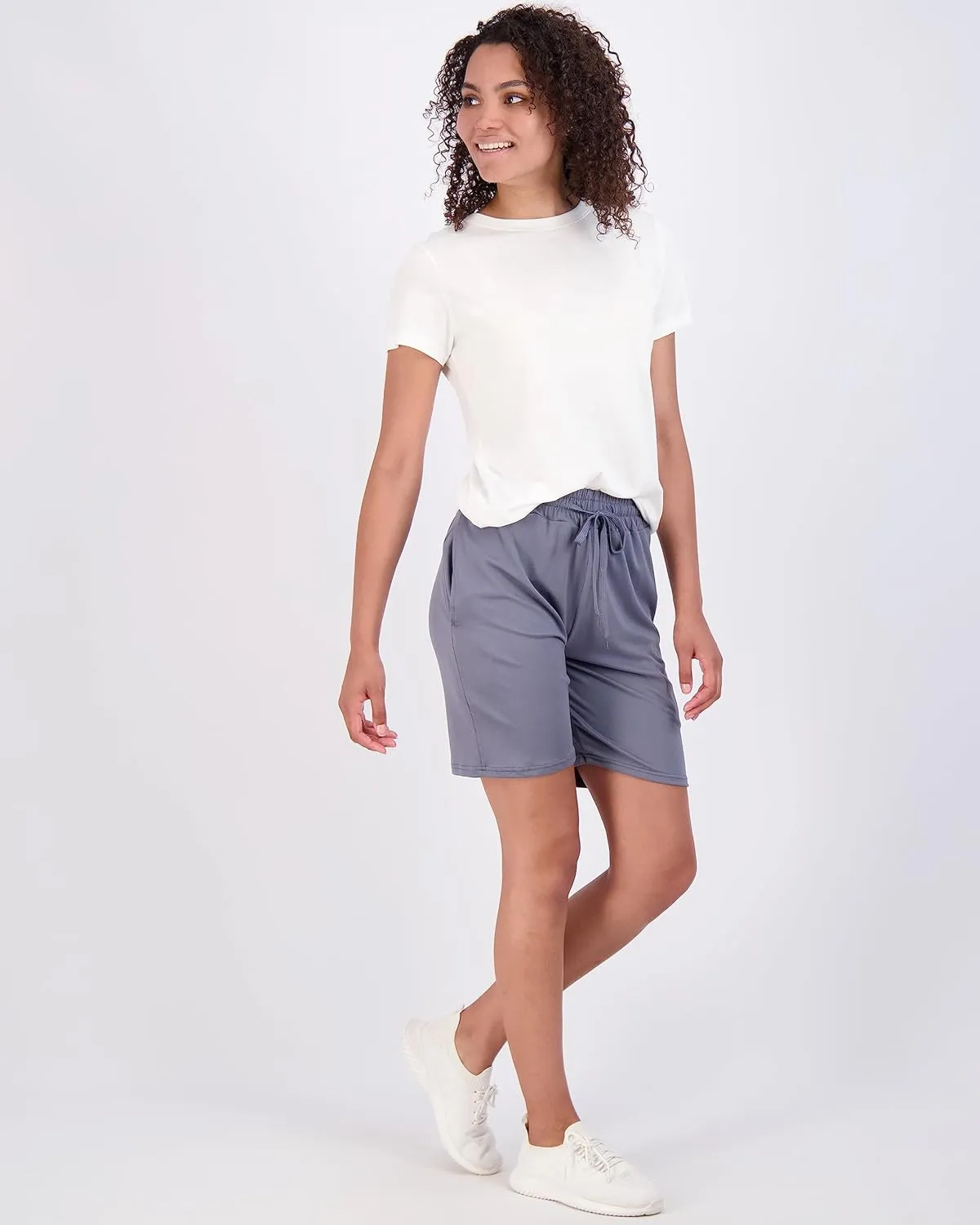 Real Essentials 4 Pack: Women's 7" Bermuda Long Casual Yoga Super-Soft Loose Comfy Shorts with Pockets (Available in Plus)