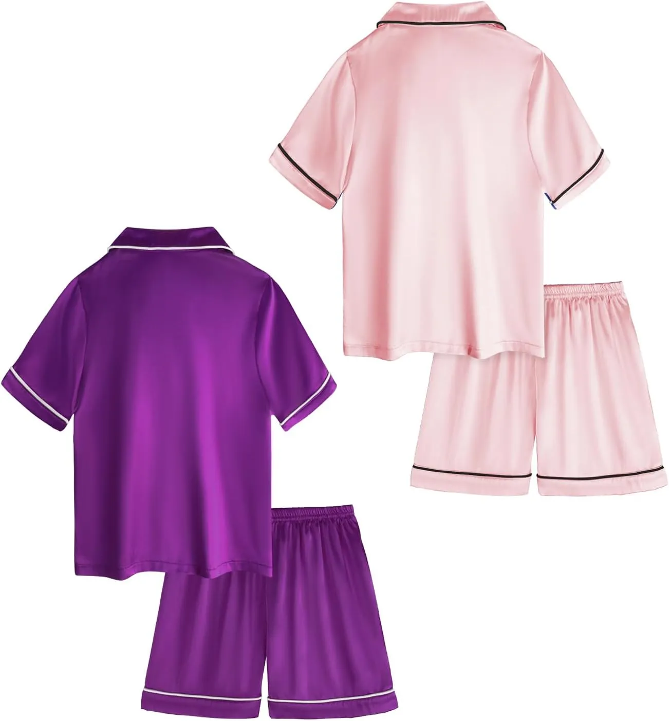 Satin Pajamas for Girls, 4-Piece Short Sleeve Button Down Silky PJ Set