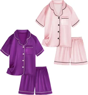 Satin Pajamas for Girls, 4-Piece Short Sleeve Button Down Silky PJ Set