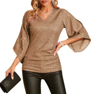 Sequin Tops for Women 3/4 Sleeve Blouse for Women Dressy Sparkly Tops V Neck Outfits for Party Glitter Tops