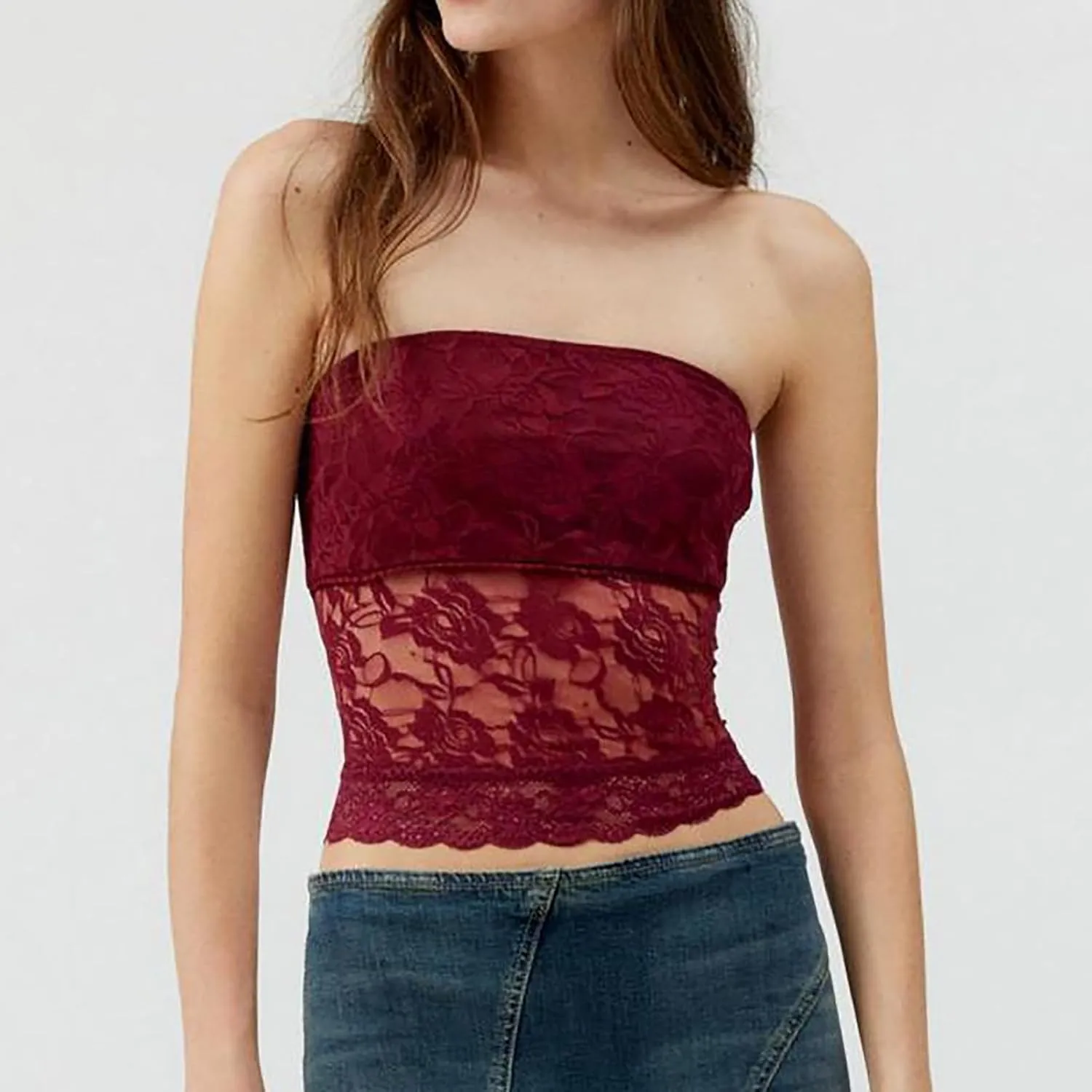Sexy Tube Tops for Women Strapless Lace Bandeau Going Out Crop Tops Y2k Slim Fitted Summer Tops