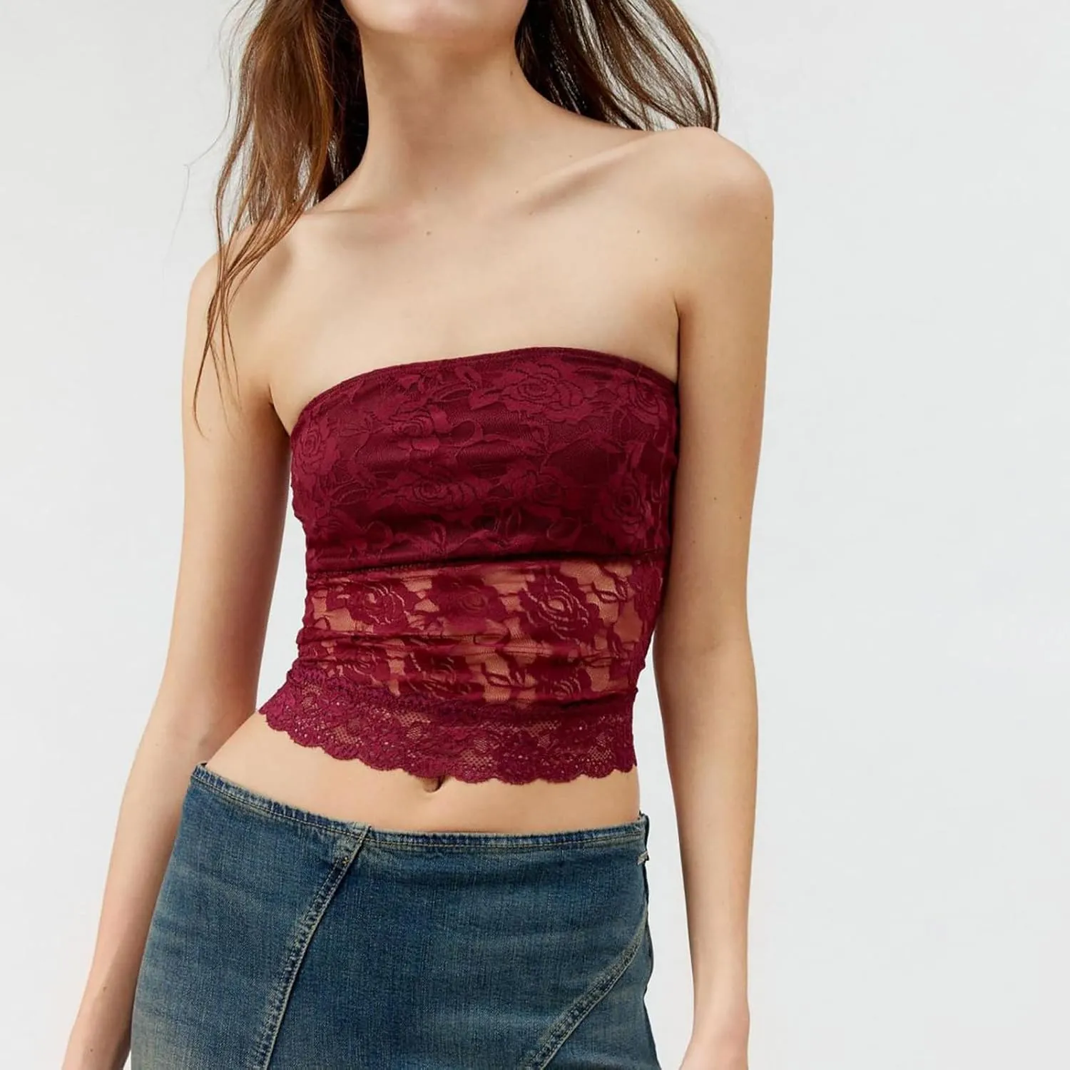 Sexy Tube Tops for Women Strapless Lace Bandeau Going Out Crop Tops Y2k Slim Fitted Summer Tops