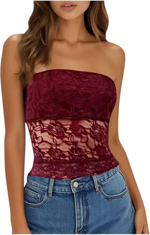Sexy Tube Tops for Women Strapless Lace Bandeau Going Out Crop Tops Y2k Slim Fitted Summer Tops
