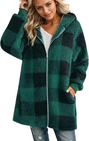 Shackets for Women 2024 Fall Zip Up Fuzzy Plaid Jacket Plus Size Casual Warm Winter Fleece Long Hoodie with Pockets