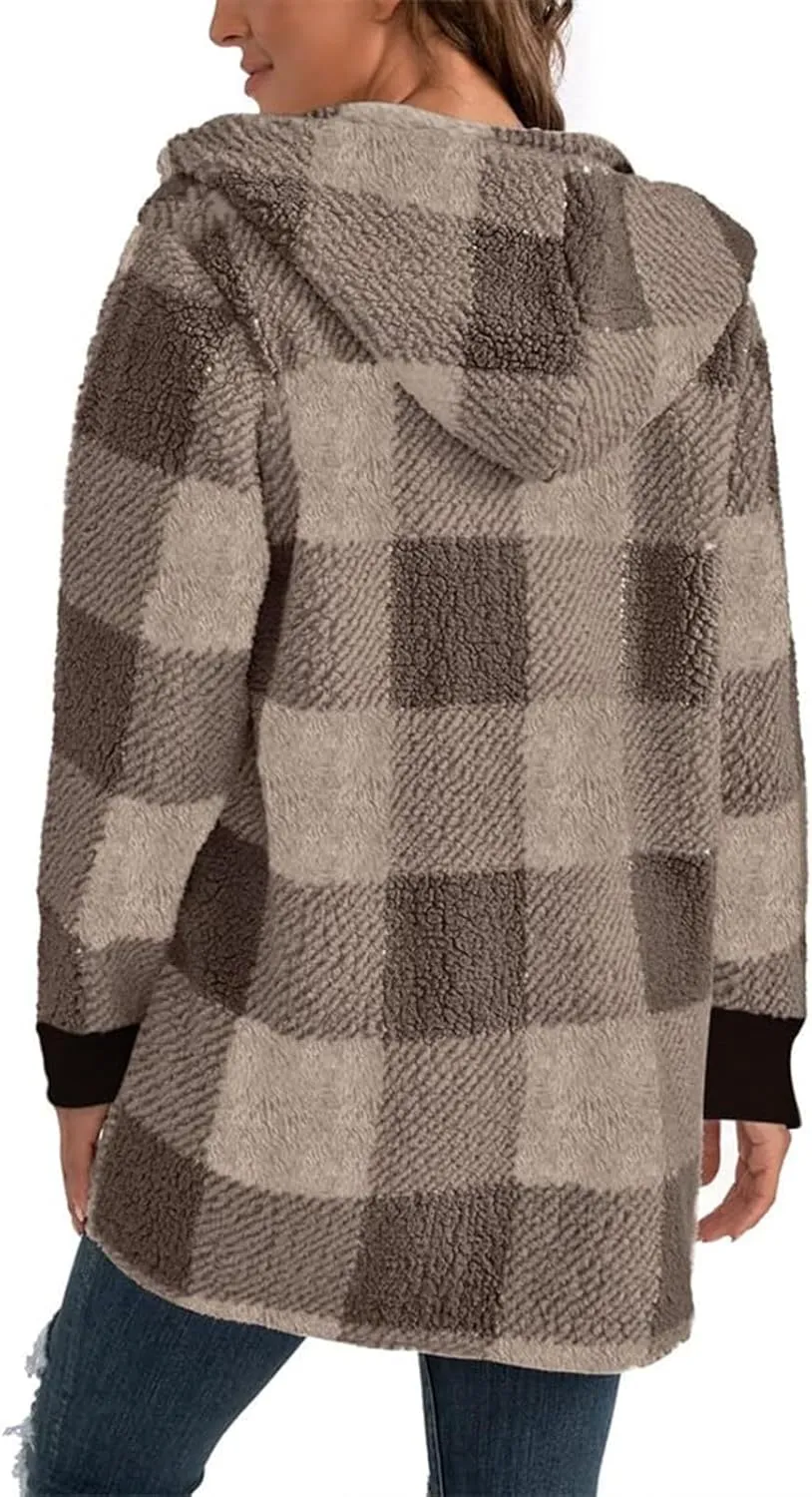 Shackets for Women Fall Zip Up Fuzzy Plaid Jacket Plus Size Casual Warm Winter Fleece Long Hoodie Coat with Pockets