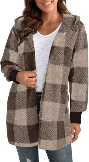 Shackets for Women Fall Zip Up Fuzzy Plaid Jacket Plus Size Casual Warm Winter Fleece Long Hoodie Coat with Pockets