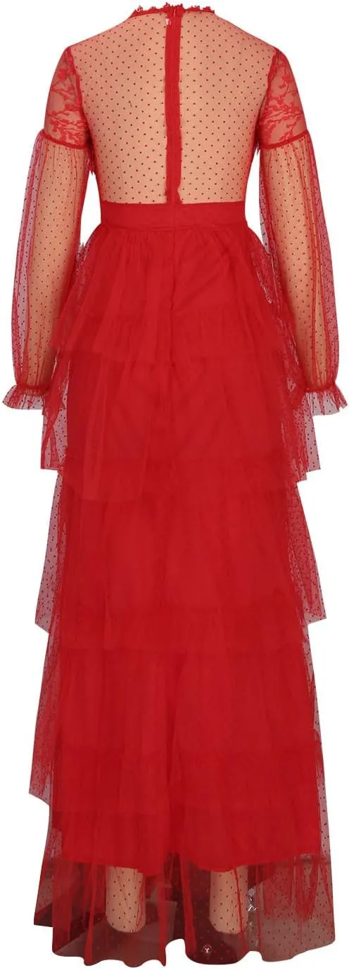Sheer Mesh Polka Dot Lace Dress for Women - Lantern Long Sleeve High Waist Maxi Side Slit Flowy Tiered Tulle Gown