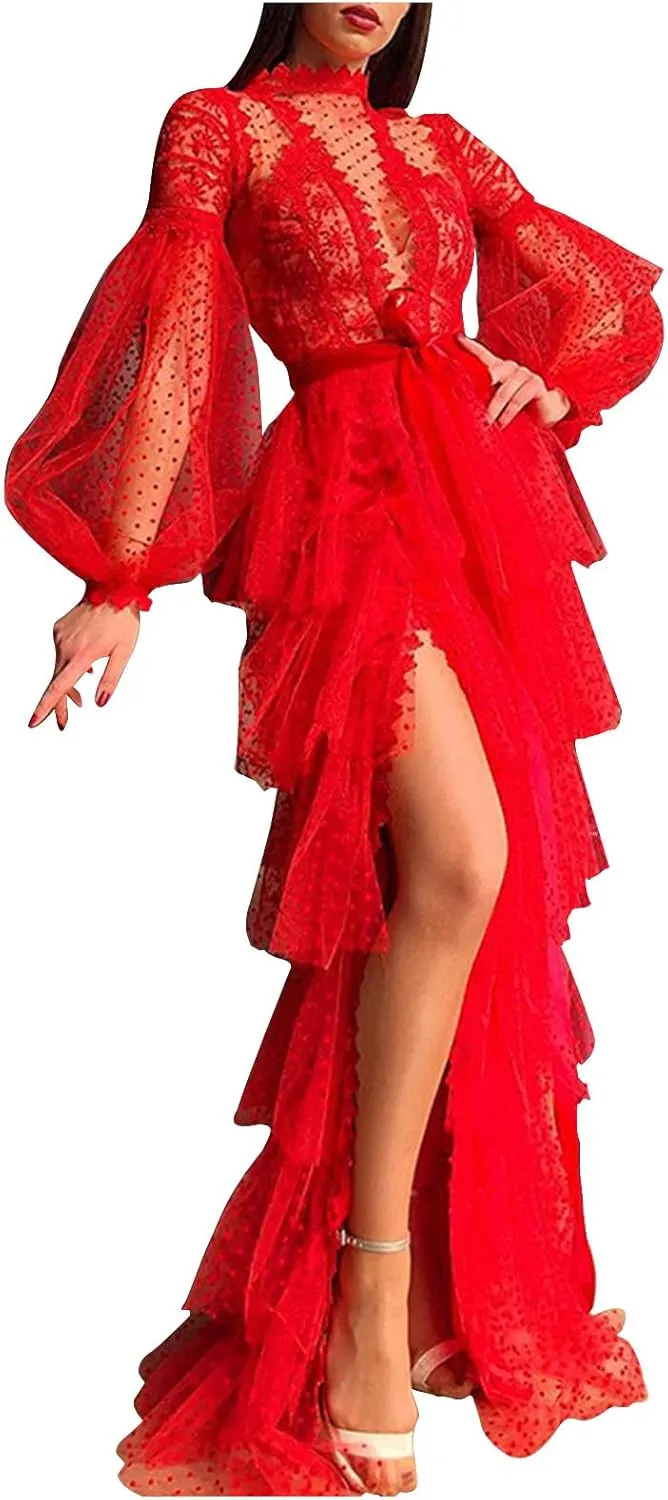 Sheer Mesh Polka Dot Lace Dress for Women - Lantern Long Sleeve High Waist Maxi Side Slit Flowy Tiered Tulle Gown