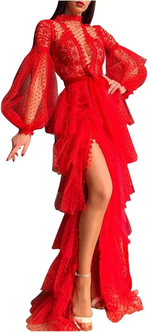 Sheer Mesh Polka Dot Lace Dress for Women - Lantern Long Sleeve High Waist Maxi Side Slit Flowy Tiered Tulle Gown