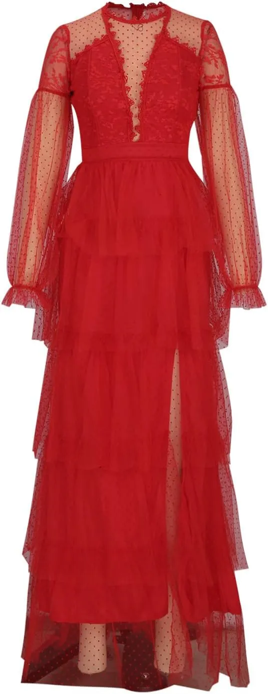 Sheer Mesh Polka Dot Lace Dress for Women - Lantern Long Sleeve High Waist Maxi Side Slit Flowy Tiered Tulle Gown