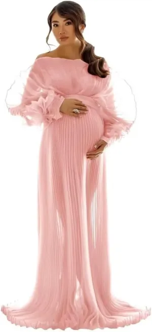 Sheer Tulle Maternity Dresses for Photoshoot Puffy Ruffle Outfit Maxi Pregnancy Dress for Baby Shower