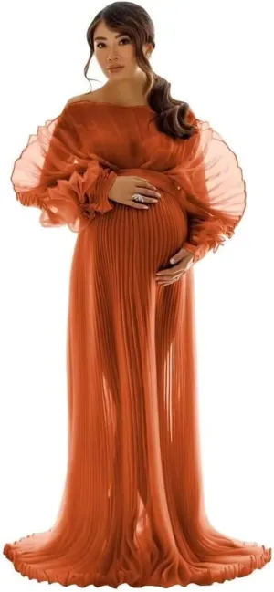 Sheer Tulle Maternity Dresses for Photoshoot Puffy Ruffle Outfit Maxi Pregnancy Dress for Baby Shower