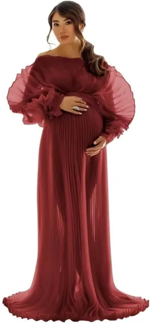 Sheer Tulle Maternity Dresses for Photoshoot Puffy Ruffle Outfit Maxi Pregnancy Dress for Baby Shower