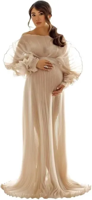 Sheer Tulle Maternity Dresses for Photoshoot Puffy Ruffle Outfit Maxi Pregnancy Dress for Baby Shower
