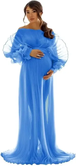 Sheer Tulle Maternity Dresses for Photoshoot Puffy Ruffle Outfit Maxi Pregnancy Dress for Baby Shower