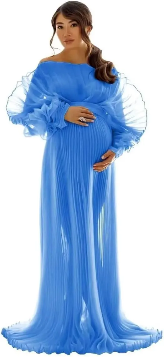 Sheer Tulle Maternity Dresses for Photoshoot Puffy Ruffle Outfit Maxi Pregnancy Dress for Baby Shower