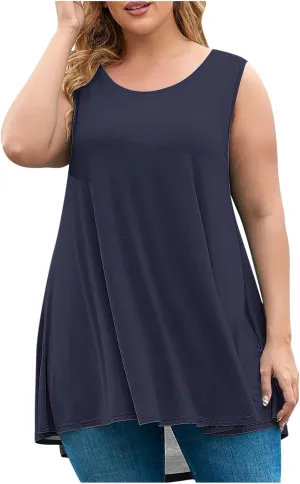 Sleeveless Tops for Women Summer Plus Size Tunic Tops Round Neck Casual Flowy Tank Tops Loose Fit