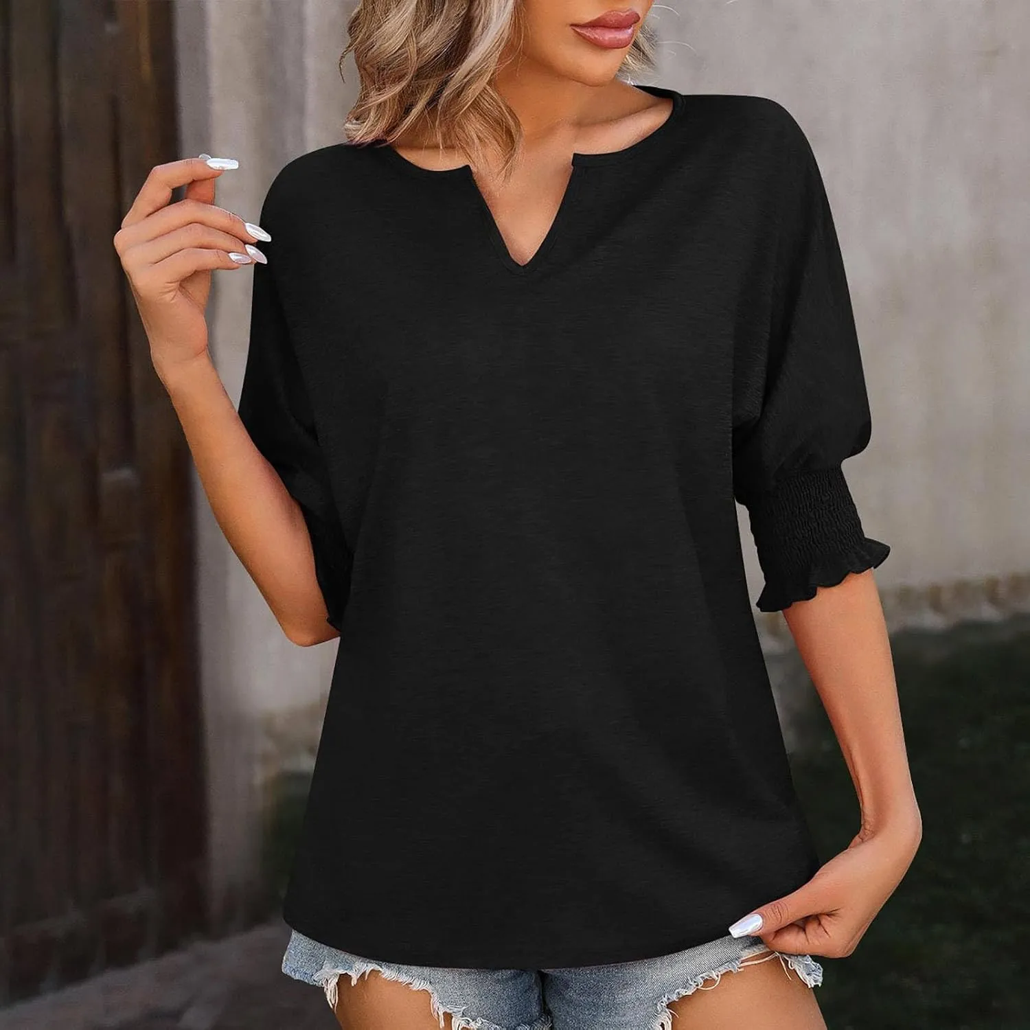 Solid V Neck Tees for Women Short Sleeve Trendy Tops Plus Size Loose Fit Tops Dressy Casual Tunic Tops Fashion Tops