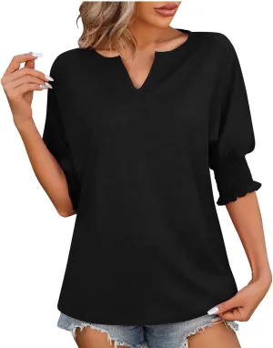 Solid V Neck Tees for Women Short Sleeve Trendy Tops Plus Size Loose Fit Tops Dressy Casual Tunic Tops Fashion Tops