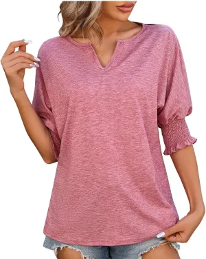 Solid V Neck Tees for Women Short Sleeve Trendy Tops Plus Size Loose Fit Tops Dressy Casual Tunic Tops Fashion Tops