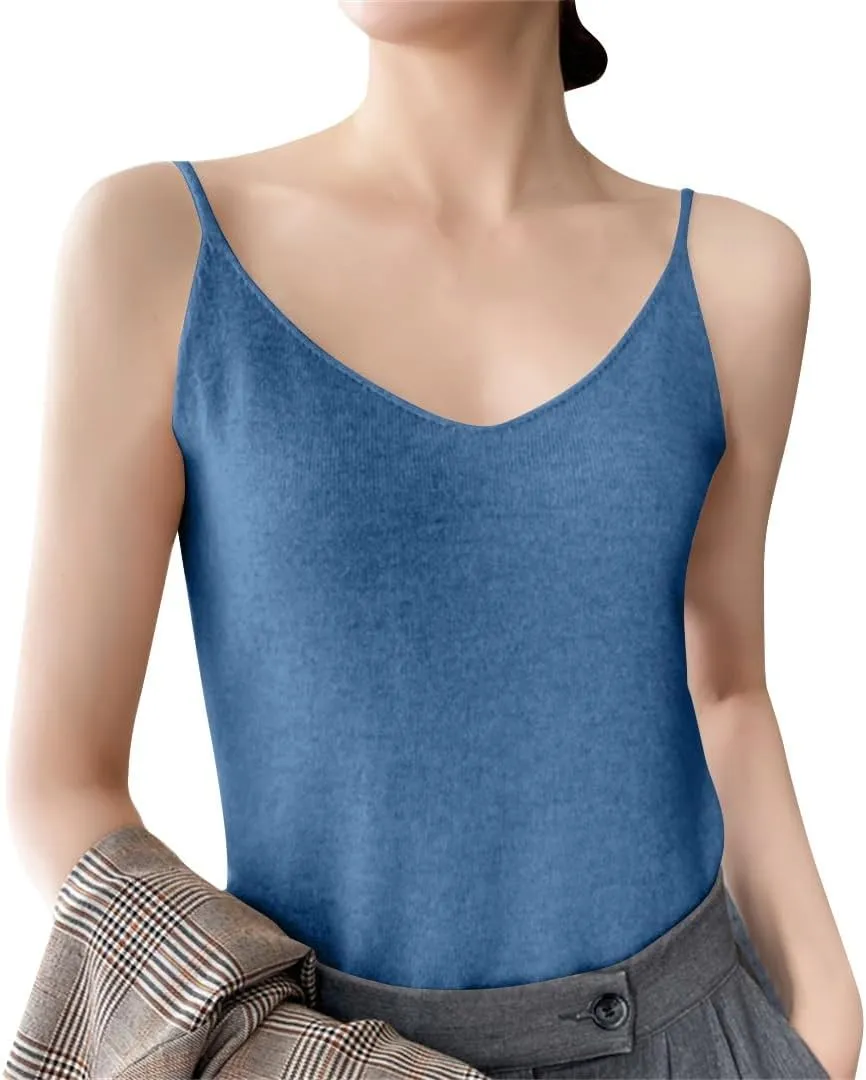Spaghetti Strap Tank Top Women Sleeveless Casual Gym Cami Crops Summer Solid V Neck Soft Knitted Camisole