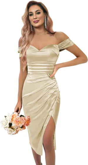 Sukleet Women's Off The Shoulder Bridesmaid Dresses Short Cocktail Dress with Slit Ruched Mermaid Formal Gowns