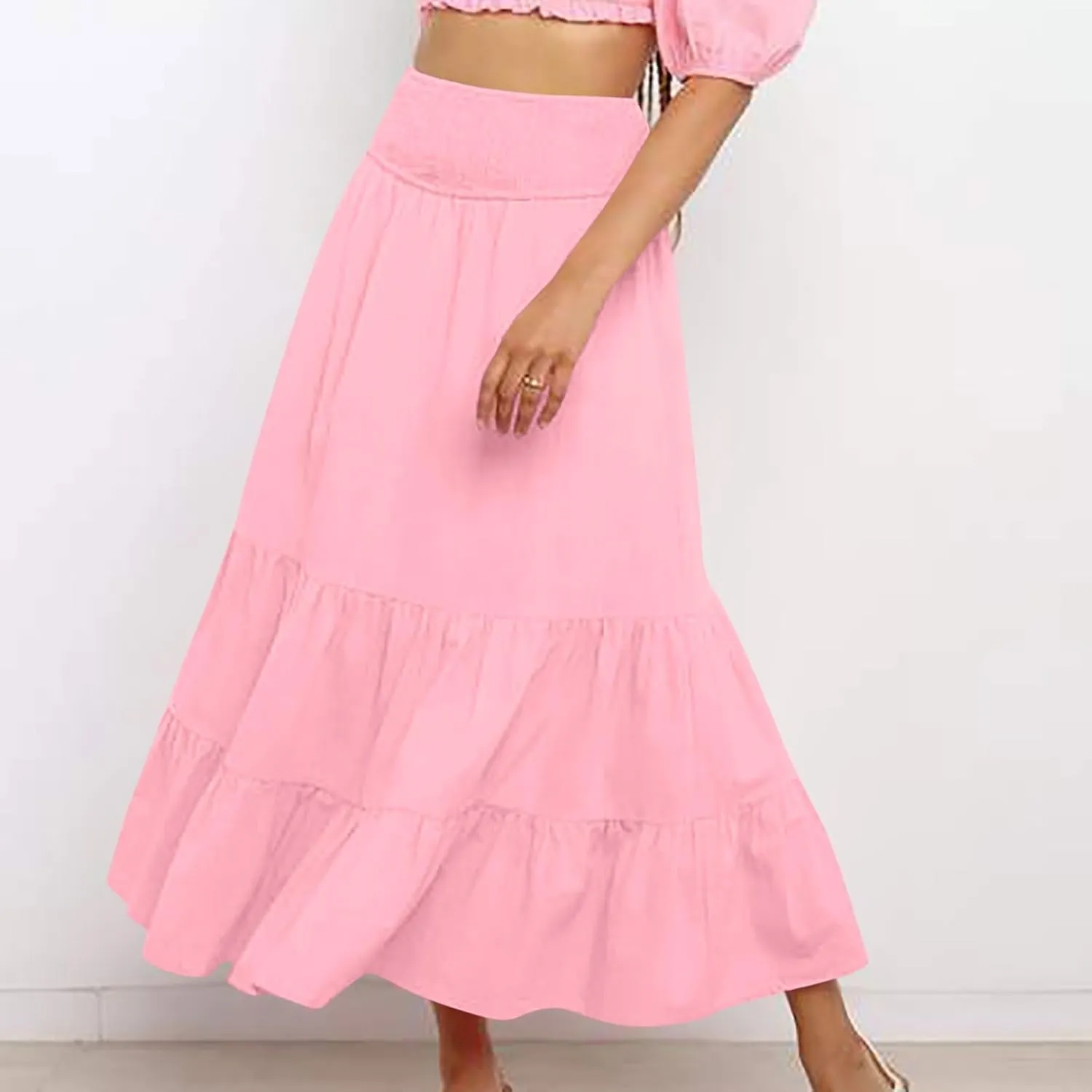 Summer Flowy Casual Long Skirt for Women, Solid Color Elastic Waist Tiered Ruched Skirts Going Out Vacation Clothes