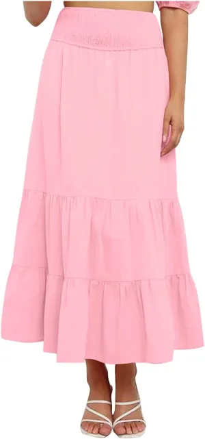 Summer Flowy Casual Long Skirt for Women, Solid Color Elastic Waist Tiered Ruched Skirts Going Out Vacation Clothes