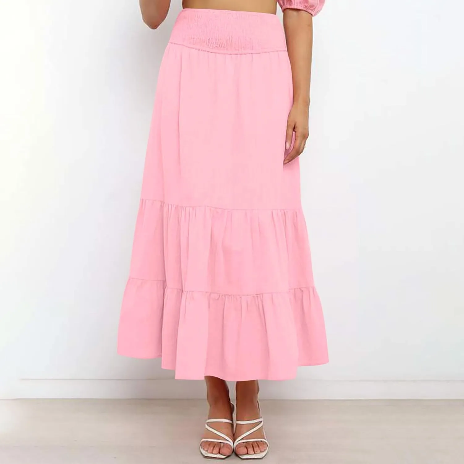 Summer Flowy Casual Long Skirt for Women, Solid Color Elastic Waist Tiered Ruched Skirts Going Out Vacation Clothes