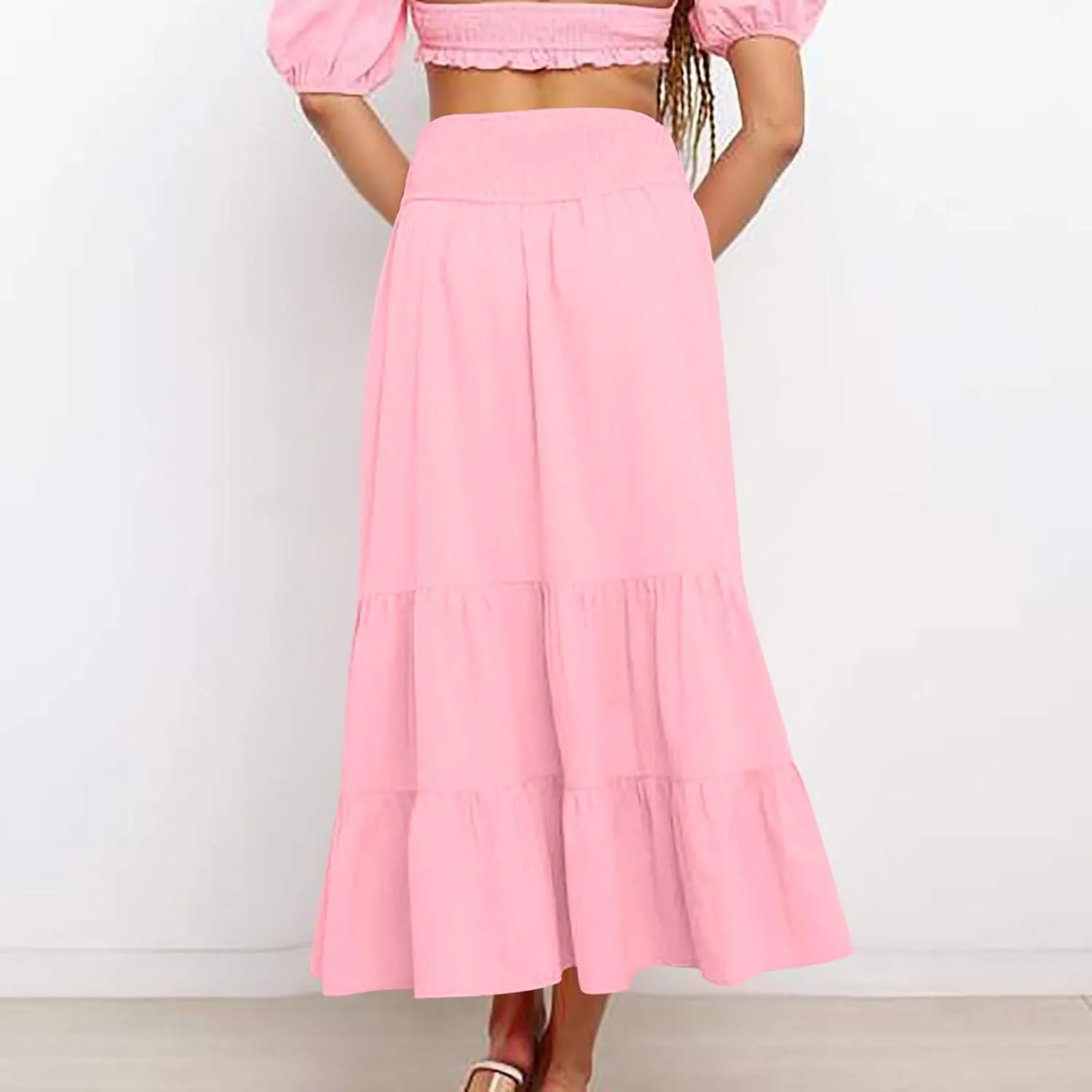 Summer Flowy Casual Long Skirt for Women, Solid Color Elastic Waist Tiered Ruched Skirts Going Out Vacation Clothes
