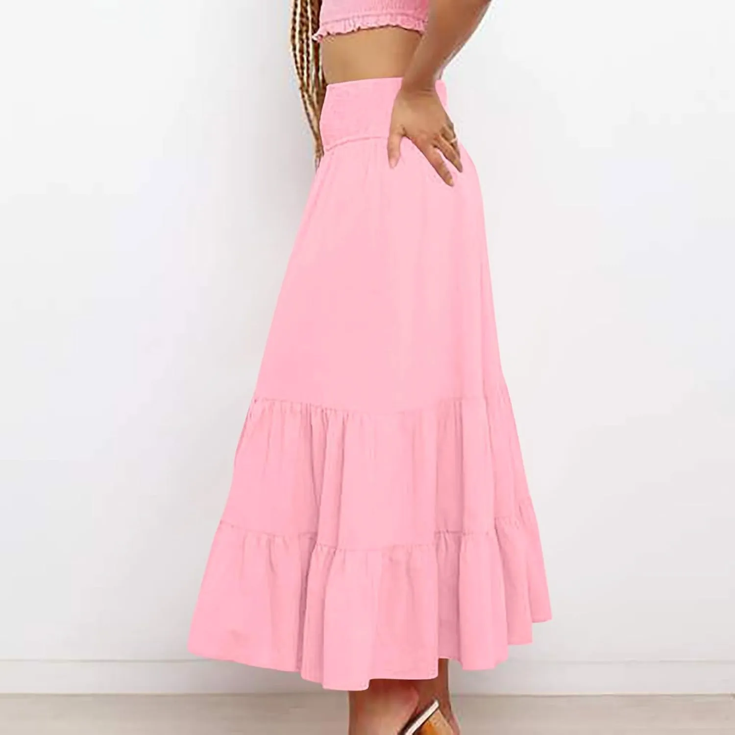 Summer Flowy Casual Long Skirt for Women, Solid Color Elastic Waist Tiered Ruched Skirts Going Out Vacation Clothes