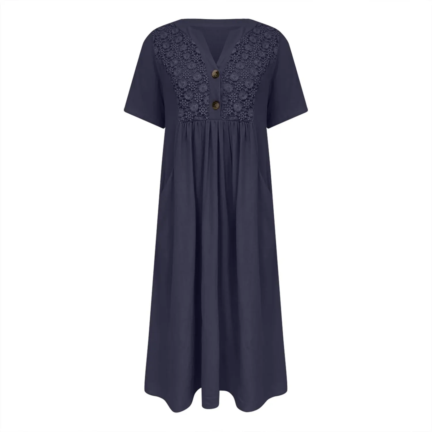 Summer T Shirt Dresses for Women 2024 Trendy V Neck Lace Embroidery Cotton Linen Short Sleeve Flowy Midi Dresses with Pockets