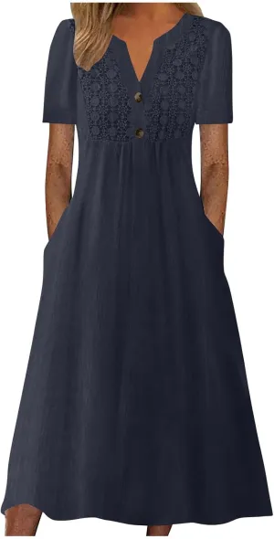Summer T Shirt Dresses for Women 2024 Trendy V Neck Lace Embroidery Cotton Linen Short Sleeve Flowy Midi Dresses with Pockets