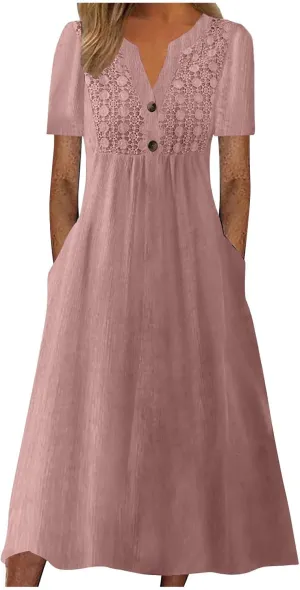 Summer T Shirt Dresses for Women 2024 Trendy V Neck Lace Embroidery Cotton Linen Short Sleeve Flowy Midi Dresses with Pockets