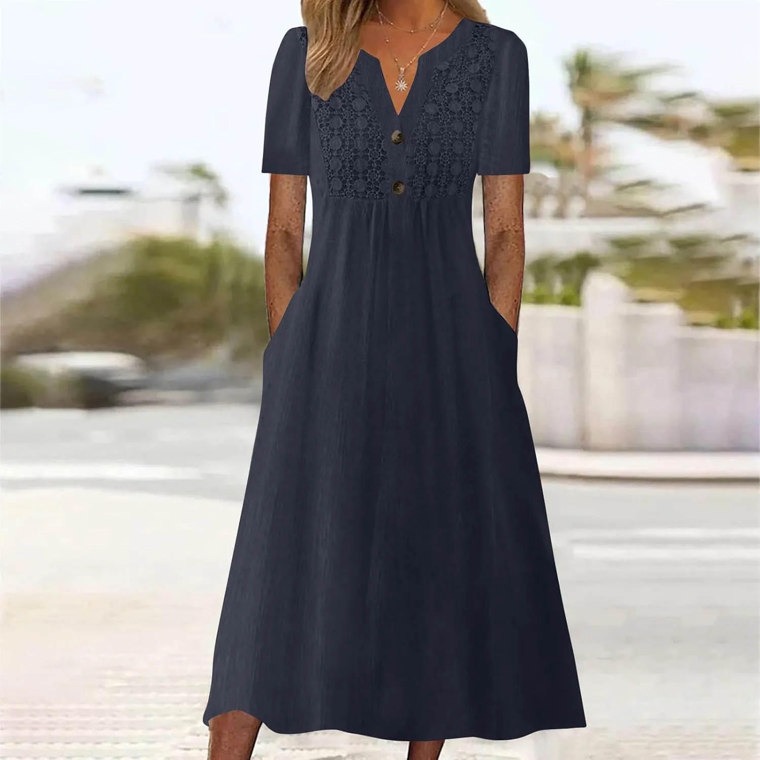 Summer T Shirt Dresses for Women 2024 Trendy V Neck Lace Embroidery Cotton Linen Short Sleeve Flowy Midi Dresses with Pockets