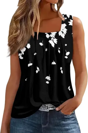 Summer Tank Tops for Women Loose Fit Pleated Square Neck Sleeveless Tops Plus Size Curved Hem Flowy Tops 2025
