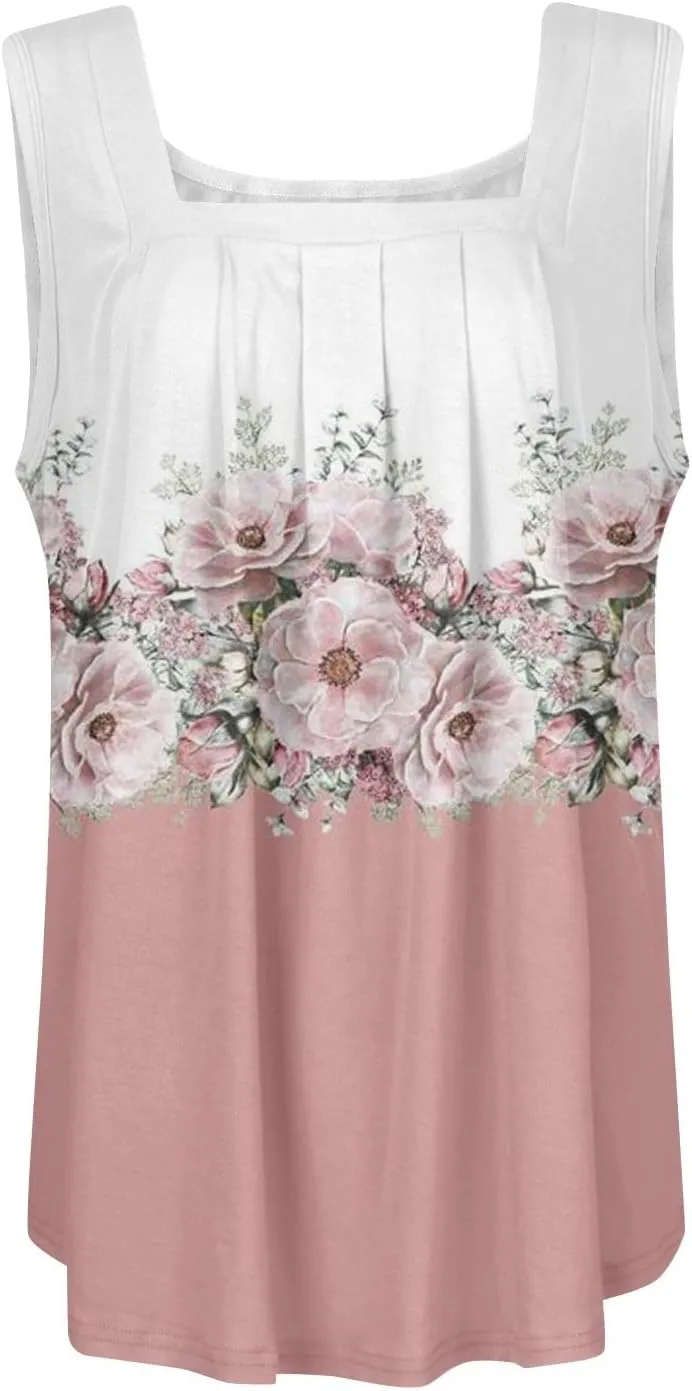 Summer Tank Tops for Women Loose Fit Pleated Square Neck Sleeveless Tops Plus Size Curved Hem Flowy Tops 2025
