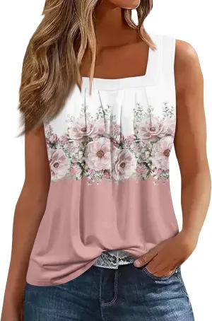 Summer Tank Tops for Women Loose Fit Pleated Square Neck Sleeveless Tops Plus Size Curved Hem Flowy Tops 2025