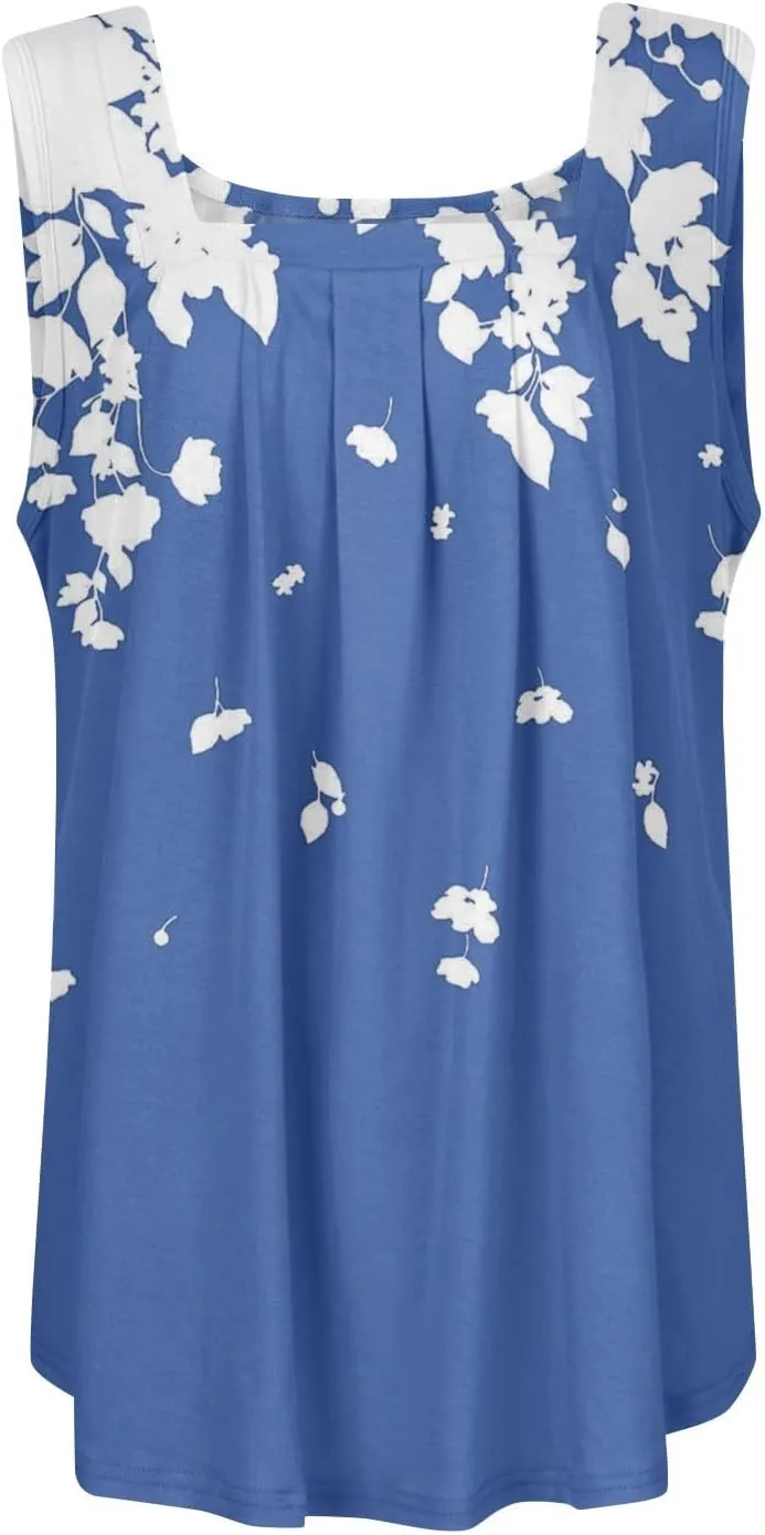 Summer Tank Tops for Women Loose Fit Pleated Square Neck Sleeveless Tops Plus Size Curved Hem Flowy Tops 2025