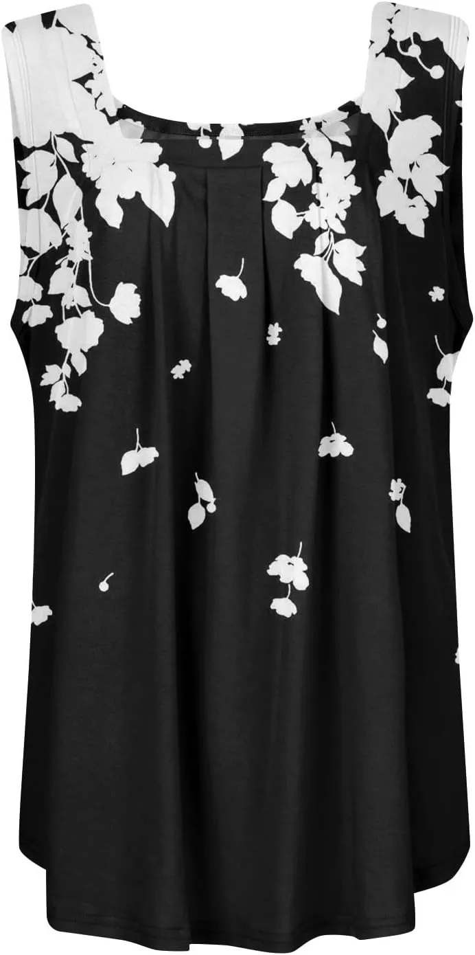 Summer Tank Tops for Women Loose Fit Pleated Square Neck Sleeveless Tops Plus Size Curved Hem Flowy Tops 2025