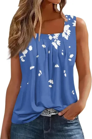 Summer Tank Tops for Women Loose Fit Pleated Square Neck Sleeveless Tops Plus Size Curved Hem Flowy Tops 2025