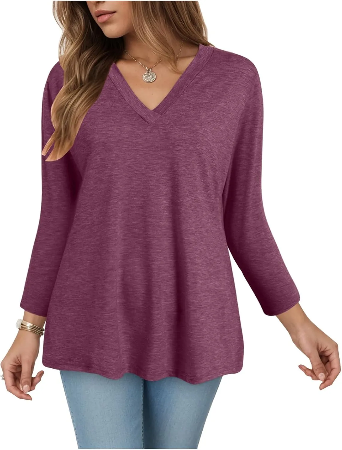 Summer Tops for Women 2025 3/4 Sleeve V Neck Shirts Casual Tunic Tops Fashion Cute Blouse Loose Basic Tops
