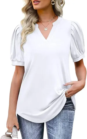 Summer Tops for Women Puff Short Sleeve Tops Dressy Casual V-Neck T-Shirts Cute Blouse for Work