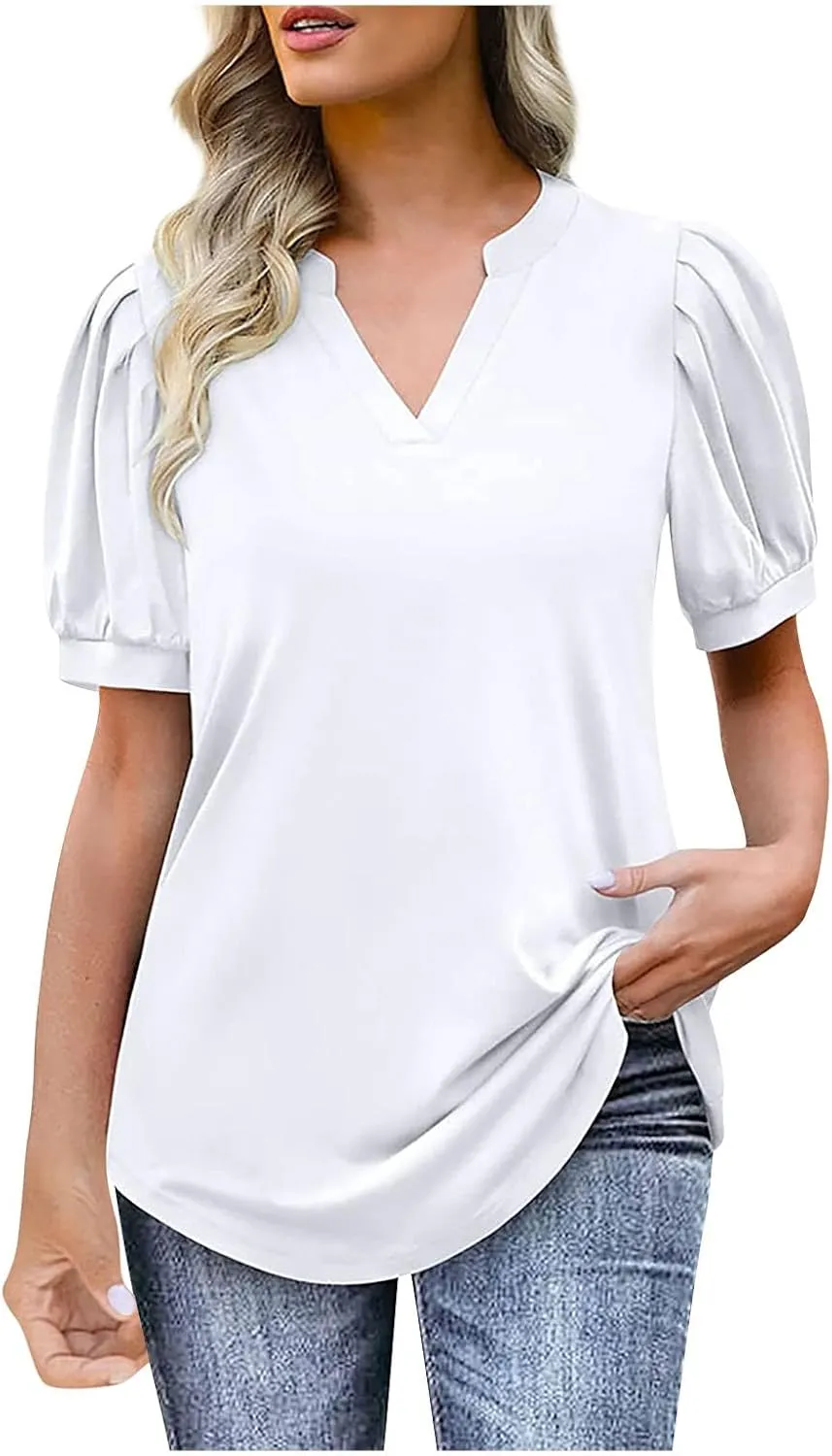 Summer Tops for Women Puff Short Sleeve Tops Dressy Casual V-Neck T-Shirts Cute Blouse for Work